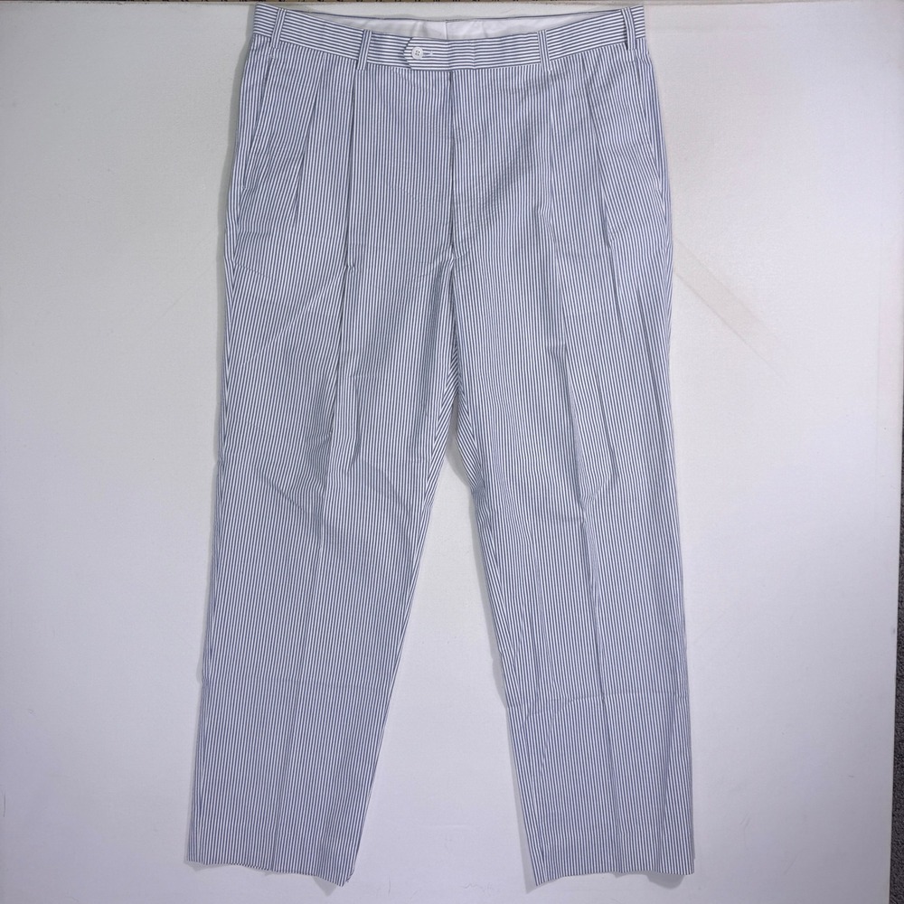 Jos A Bank Men's Seersucker Pleated Dress Pants Blue White Striped 39x31 Coastal